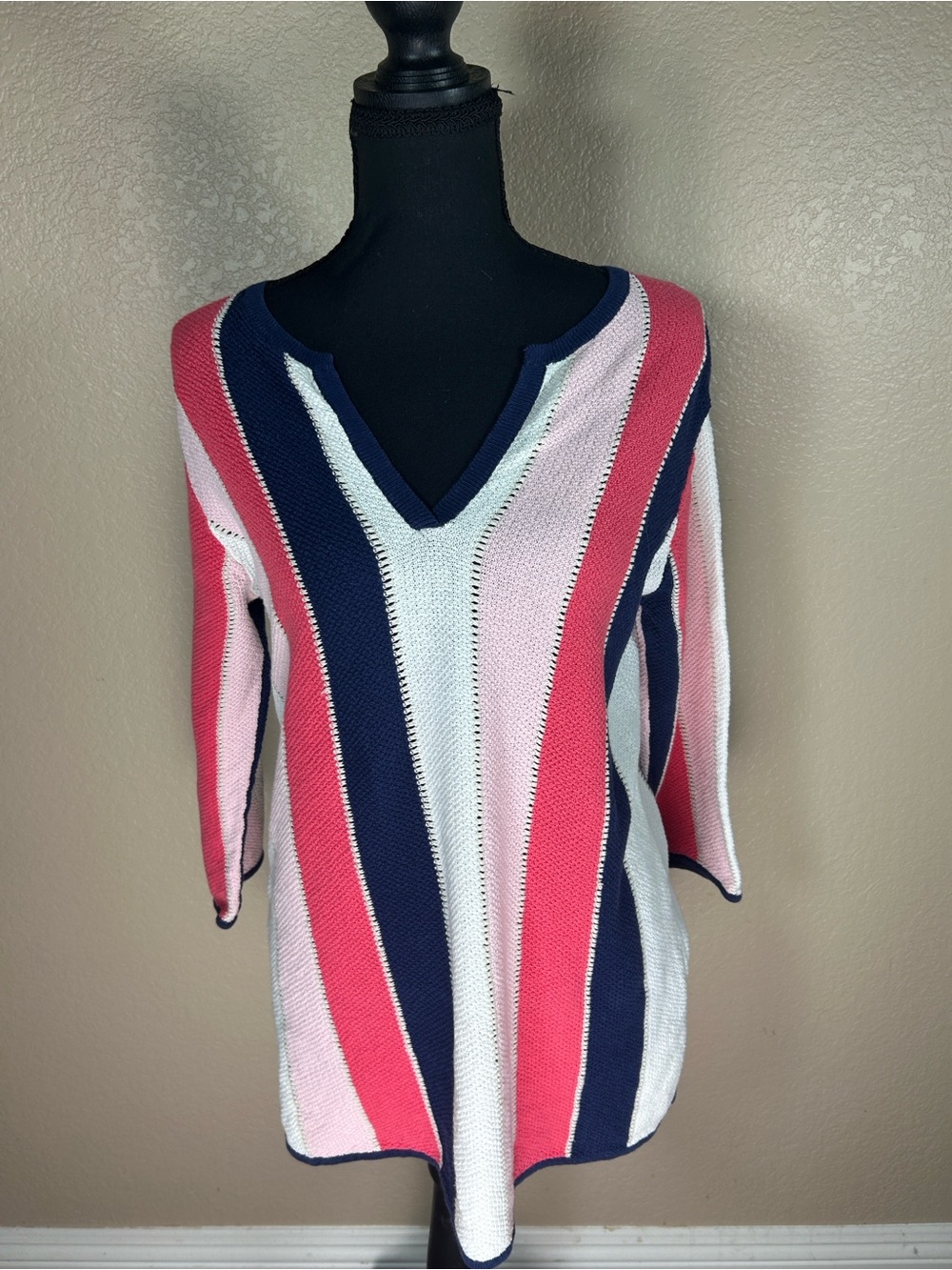 Tommy Bahama Linen Cotton Striped Sweater 3/4 Sleeve Size Medium